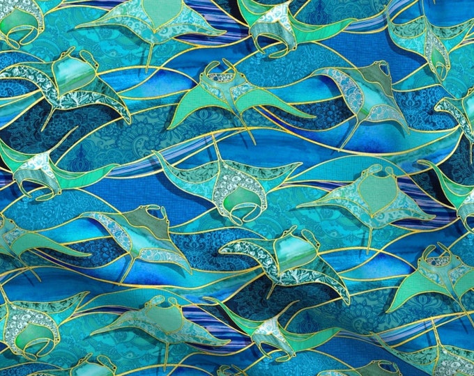 Emerald Green MANTA RAYS Ocean Stained Glass Watercolors Fabric FQ~ Tropical Blue Green Fabric Manta Ray Coastal Beach Fat Quarter