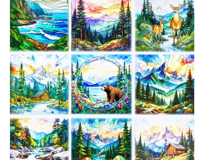 Stained Glass Mountain Theme Fabric Collection of (12) Quilt Blocks 10.5" Squares Nature Wildlife Camping Quilting Cotton Material