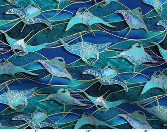 MANTA RAYS Sapphire Blue Ocean Stained Glass Watercolors Fabric FQ~ Tropical Blue Green Fabric Manta Ray Coastal Beach Fat Quarter