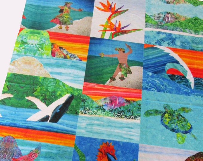 SALE Hawaiian Beach Fabric MINKY Wholecloth Quilt Top Tropical Sea Turtle Hula Dancer Bird of Paradise Mermaid Ocean Wave Humpback Whale