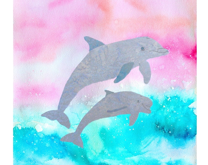 DOLPHINS Watercolor Pink Sunset Turquoise Ocean Water Fabric Quilt Square~ Coastal Beach Ocean Sea Life Dolphins Fabric Panel