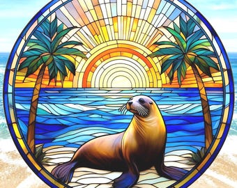 Stained Glass Sea Lion Medallion Fabric Quilt Block Ocean Seal Beach Panel