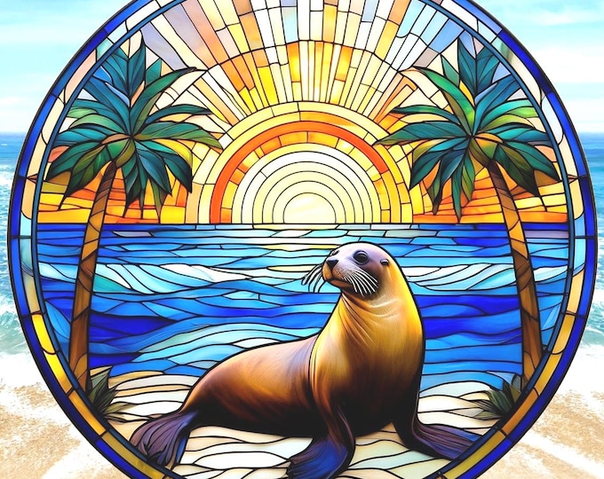 Stained Glass Sea Lion Medallion Fabric Quilt Block Ocean Seal Beach Panel