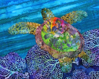 Sea Turtle Fabric Panel Quilt Square Blue Ocean Purple Reef Beach Batiks