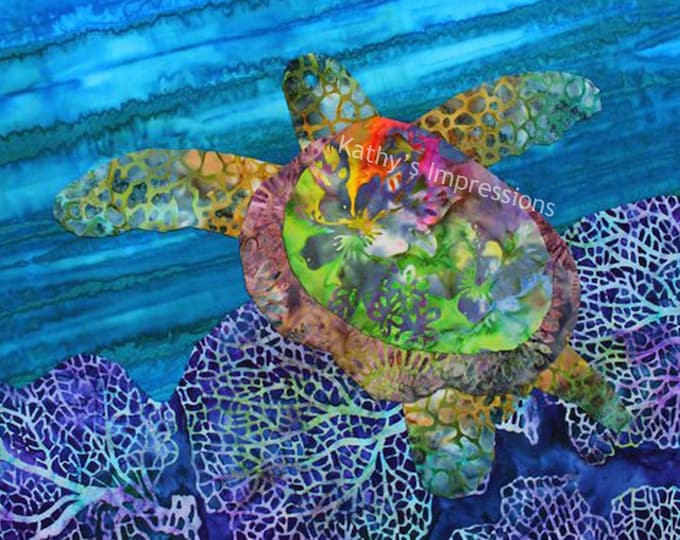 Sea Turtle Fabric Panel Quilt Square Blue Ocean Purple Reef Beach Batiks