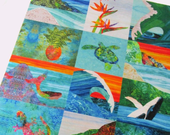SALE Tropical Beach Minky Wholecloth Fabric Quilt Top Mermaid Sea Turtle Ocean Wave Whale Seahorse Sunset Surfer Girl Gecko