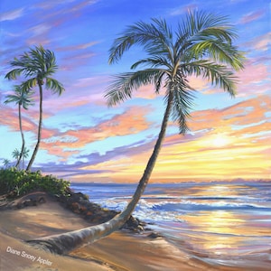 May include: A painting of a tropical beach scene with a palm tree leaning over the sand. The sky is a vibrant mix of pink, orange, and blue, with a bright yellow sun setting in the distance. The ocean is a deep blue with white waves crashing on the shore. The painting is signed "Diane Snoey Appler".