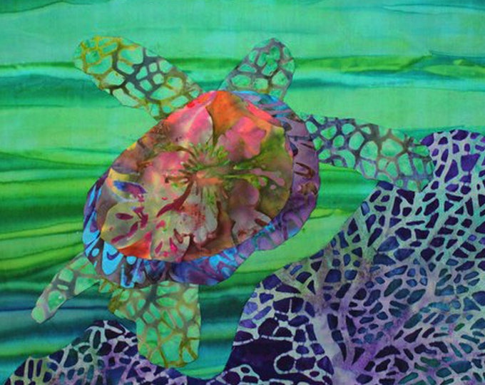 Sea Turtle Green Fabric Panel Ocean Purple Reef Batiks Beach Coastal Life Quilt Square