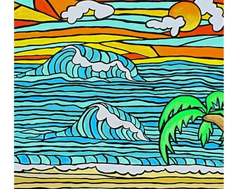 Hawaiian Beach Surf Art Sunset Sky Fabric Quilt Square~ Stained Glass Beach Ocean Waves Studio Tree Artwork Fabric Panel