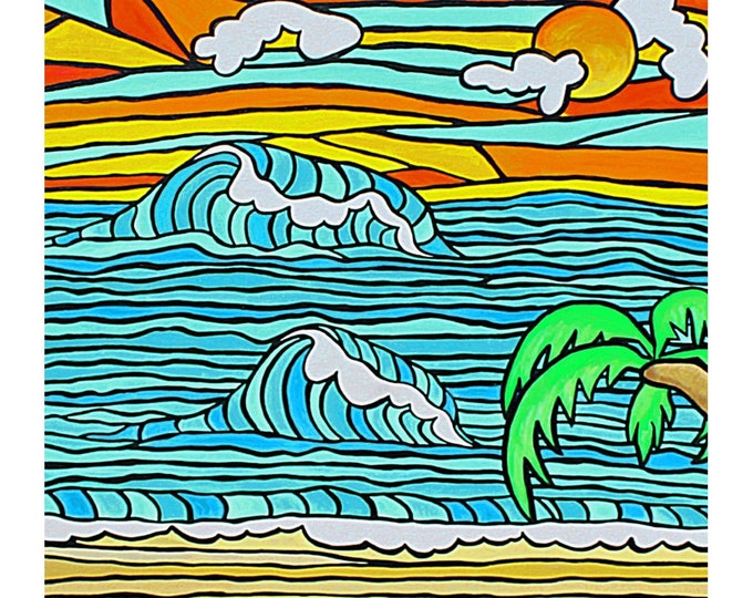 SALE Beach Surf Art Sunset Sky Fabric Quilt Square Stained Glass Ocean Surfing Waves Hawaii Artwork Panel Block