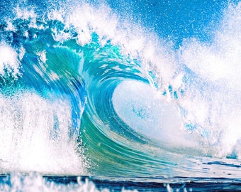 Ocean Wave Hawaiian Ice North Shore Oahu Surf Fabric Quilt Square Block Panel Turquoise Surfing Beach
