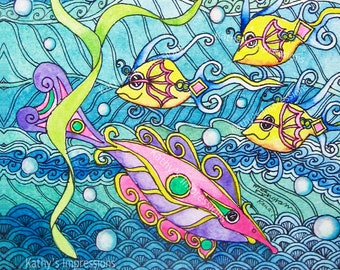 Tropical FISH Fabric Pink Yellow Under The Sea Girls Quilt Panel Water Bubbles Waves Blue Ocean Whimsical Fantasy