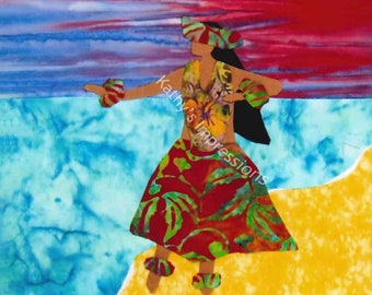 Hawaiian Hula Dancer Beach Ocean Red Sunset Sky Fabric Quilt Square Block