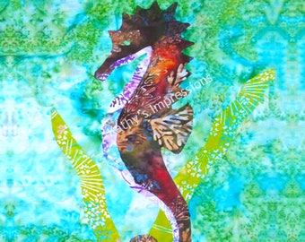 Tropical SEAHORSE Fabric Aqua Ocean Water Quilt Square Panel Hawaii Block Cotton Minky or Velvet