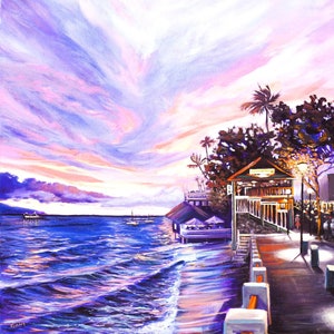 Cheeseburger in Paradise Iconic Maui Front Street Lahaina Hawaii Purple Sunset Fabric Panel Dinner Boats