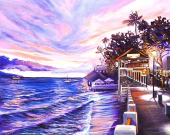 Cheeseburger in Paradise Iconic Maui Front Street Lahaina Hawaii Purple Sunset Fabric Panel Dinner Boats