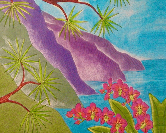 HAWAIIAN COAST Orchids Fabric Quilt Square Panel Purple Mountains Na Pali Dream Turquoise Sky Ocean Water