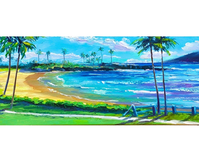 Kapalua Bay Maui Beach Palm Trees Ocean Path Blue Fence Long Fabric Panel Montage Merriman's Hawaii