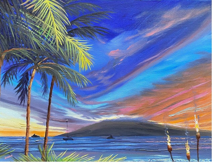 Lahaina Beach Luau Watercolor Sunset Fabric Panel~ Maui Sunset Palm Trees Lana'i Island Tiki Torches Ocean Fabric Quilt Panel Hawaii