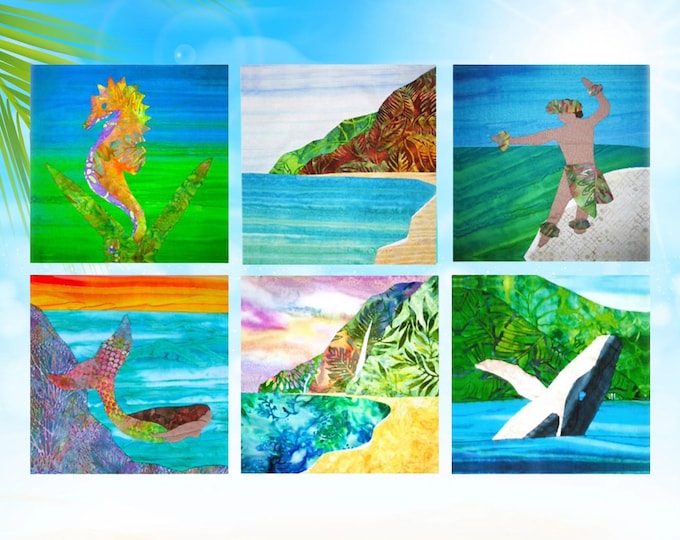 Hawaii Ana 6.5" Fabric Quilt Block Choice: Tropical Beach Hula Dancer Seahorse Mermaid