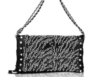 Stunning Black & White Zebra Animal Print RHINESTONE Studded Bag