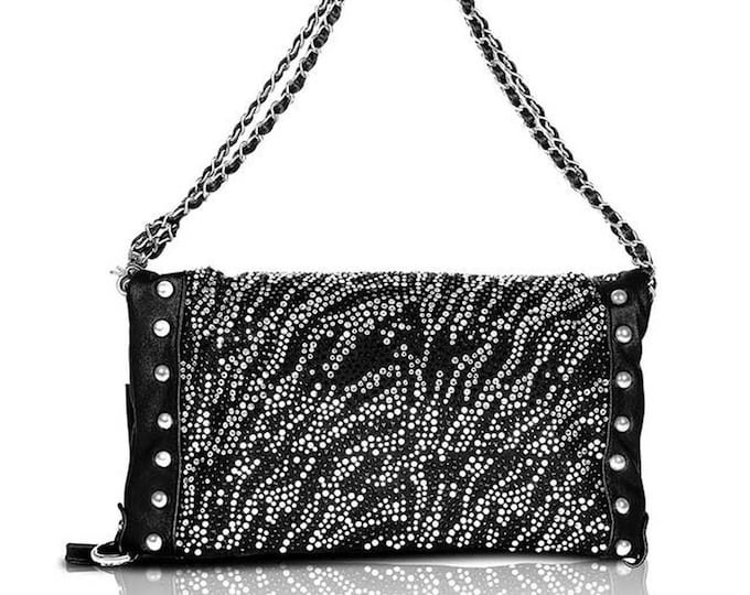 Ladies Black & White Rhinestone Studded Bag Zebra Animal Print Mother's Day Wedding Opera Purse