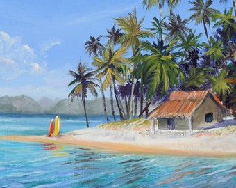 Beach Surf Shack Idyllic Tropical Getaway Surfboards Fabric Quilt Square House Palm Trees Panel