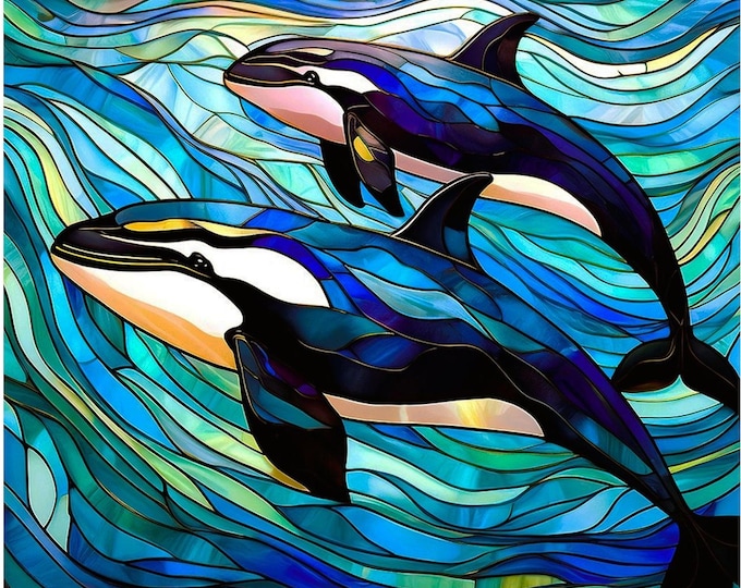 Stained Glass Orca Whales Swimming Under the Sea Fabric Quilt Block Square Turquoise Ocean Fractured Watercolor Beach Panel