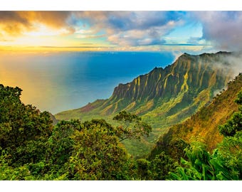 Na Pali Coast Sunset Mountains Turquoise Ocean Fabric Panel Kalalau Overlook Kauai Hawaii