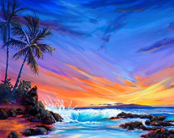 Secluded Beach Brilliant Sunset Purple Orange Yellow Sky Ocean Palms Fabric Quilt Block Panel