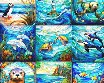 Stained Glass Sea Life Fabric Collection of (12) Quilt Blocks 10.5" Squares Wholecloth Panel Coastal Marine Quilting Cotton Material