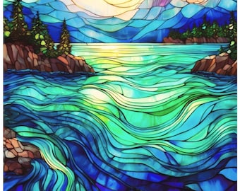 Stained Glass Mountains Lake Pine Trees Northern Lights Pacific Northwest Fabric Quilt Block Panel