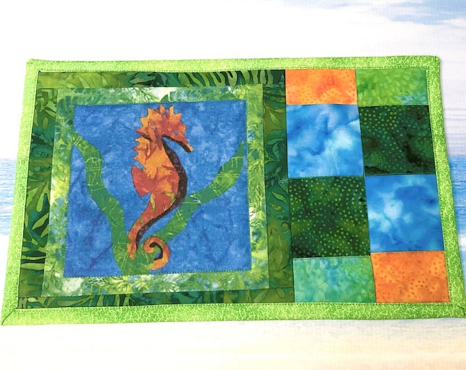 Tropical Seahorse Small Quilted Table Topper Batik Sea Grass Coastal Beach Kitchen Living