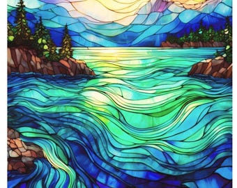 Stained Glass Mountains Lake Pine Trees Northern Lights Pacific Northwest Fabric Quilt Block Panel