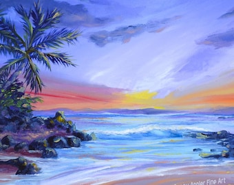 Magic Hour Secret Beach Sunset Fabric Quilt Square Panel Maui Hawaii Purple Sky Makena