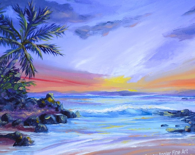 Magic Hour Secret Beach Sunset Fabric Quilt Square Panel Maui Hawaii Purple Sky Makena