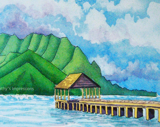 Hanalei Pier Fabric Quilt Panel Kauai Hawaii Bai Hai Mountains Ocean~ Hanalei Bay Pier Tropical Paradise Watercolors Quilt Square Fabric