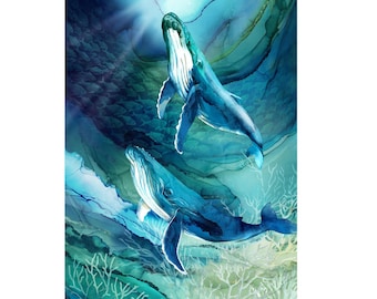 Humpback Whales Fabric Panel Northcott Fabrics DP28120-48 Deep Blue ~ 28" x 43"