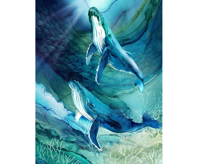 Humpback Whales Fabric Panel Northcott Fabrics DP28120-48 Deep Blue ~ 28" x 43"