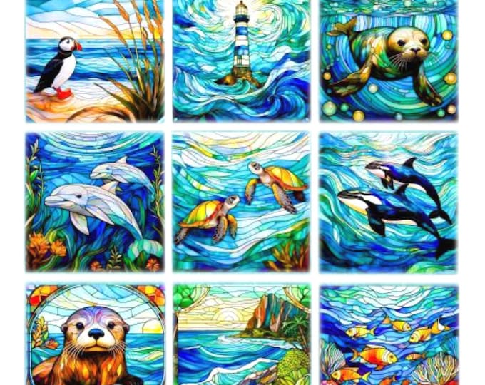 Stained Glass Sea Life Fabric Collection of (12) Quilt Blocks 10.5" Squares Coastal Marine Quilting Cotton Material