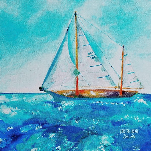 SAILBOAT Turquoise Blue Water Fabric Quilt Square, Beach Ocean Lake Sailing Fabric~ Schooner Sailboat Fabric Panel