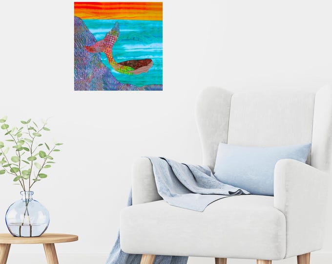 Mermaid Wall Decal, Removable Batik Art, Ocean Theme (15 inch)