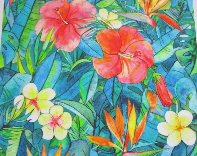 Watercolor Bird of Paradise Plumeria Hibiscus Flowers Fabric Quilt Square~ Tropical Flower Garden Green Leaves Colorful Fabric Block