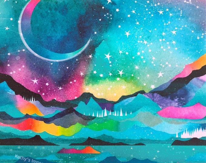 STARS Tropical Night Sky Fabric Panel Aurora Borealis Watercolor Moon Mountains Ocean Star Gazing Constellations Hawaii Fabric Quilt Square