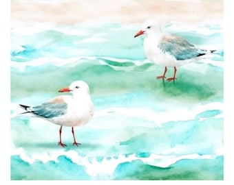 Watercolor Seagulls at the Beach Ocean Water Fabric Panel Quilt Square Pastel Turquoise Blue Seafoam Green Waves Sand