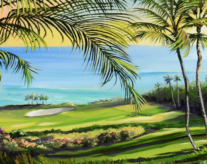 Tropical Oceanfront Golf Course Fabric Quilt Square~ Coastal Maui Hawaiian Golf Course Palm Trees Beach Fabric Panel