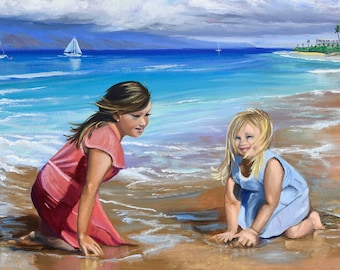 Girls on Beach Seashore Fabric Quilt Square Turquoise Ocean Water Sand~ By the Sea Sisters Friends Sailboat Beach Fabric Panel Block