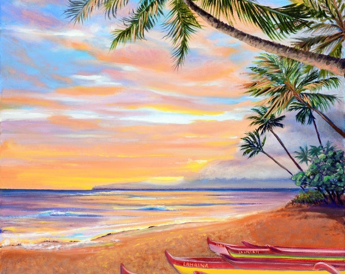 Lahaina Canoe Beach Maui Fabric Quilt Square Panel Hawaiian Sunset Outrigger Palm Trees