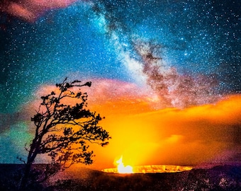 Volcanoes National Park Milky Way Galaxy Lava Glow Fabric Quilt Square Panel Hawaii Kīlauea Volcano Halemaʻumaʻu Crater Big Island Night