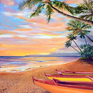 Lahaina Canoe Beach Maui Fabric Quilt Square Panel Hawaiian Sunset Outrigger Palm Trees
